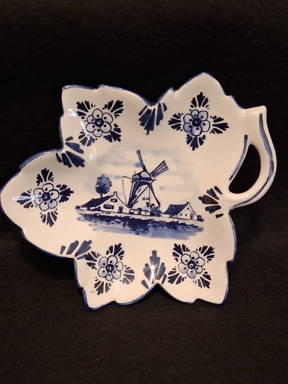 Vintage 1970s-80s Delft Blue Handworked Leaf Dish | Dutch Windmill Trinket Tray